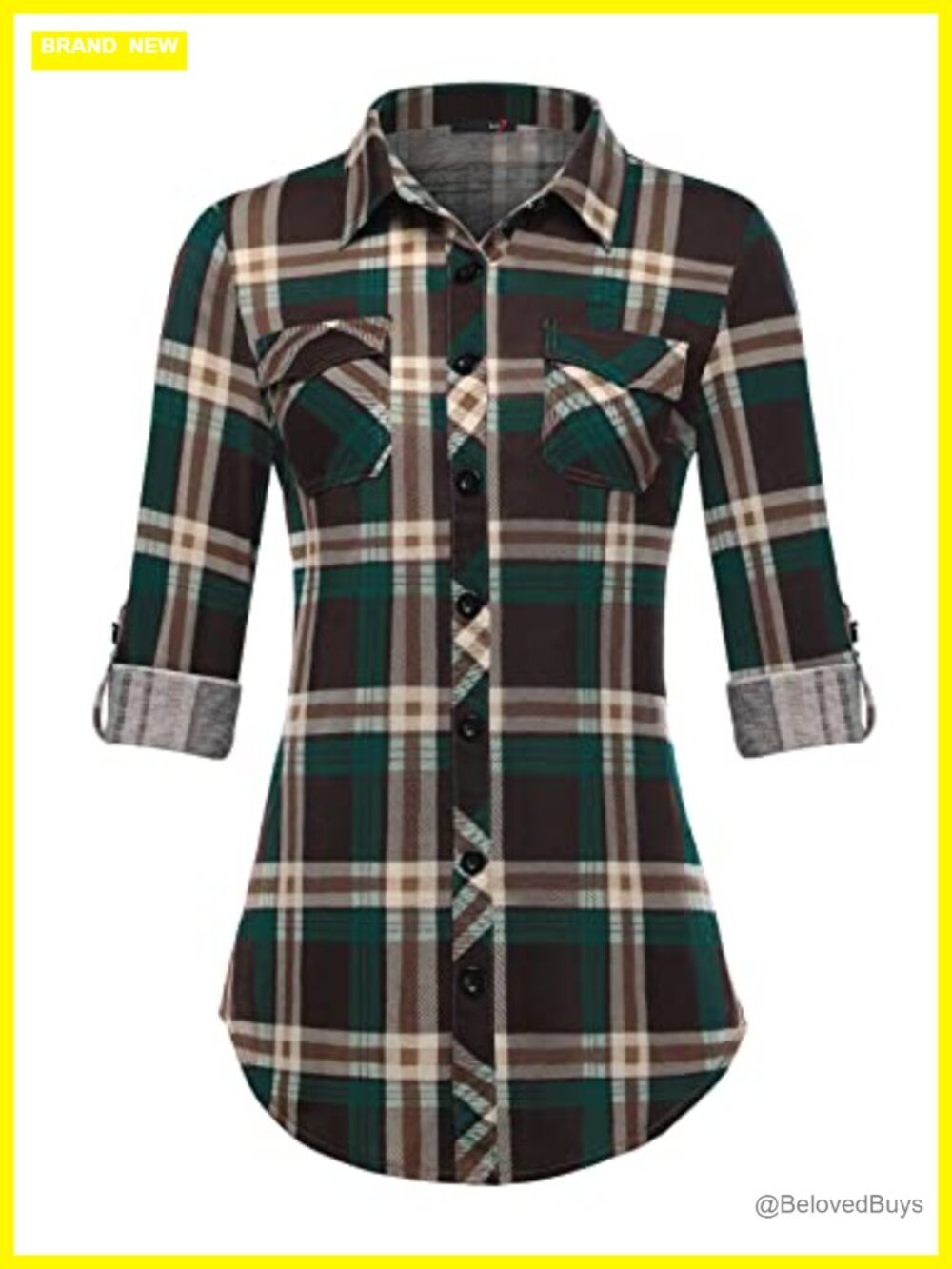 Women's Soft Stretchy Knit Plaid Button Down Blouse Roll Up Long Sleeve